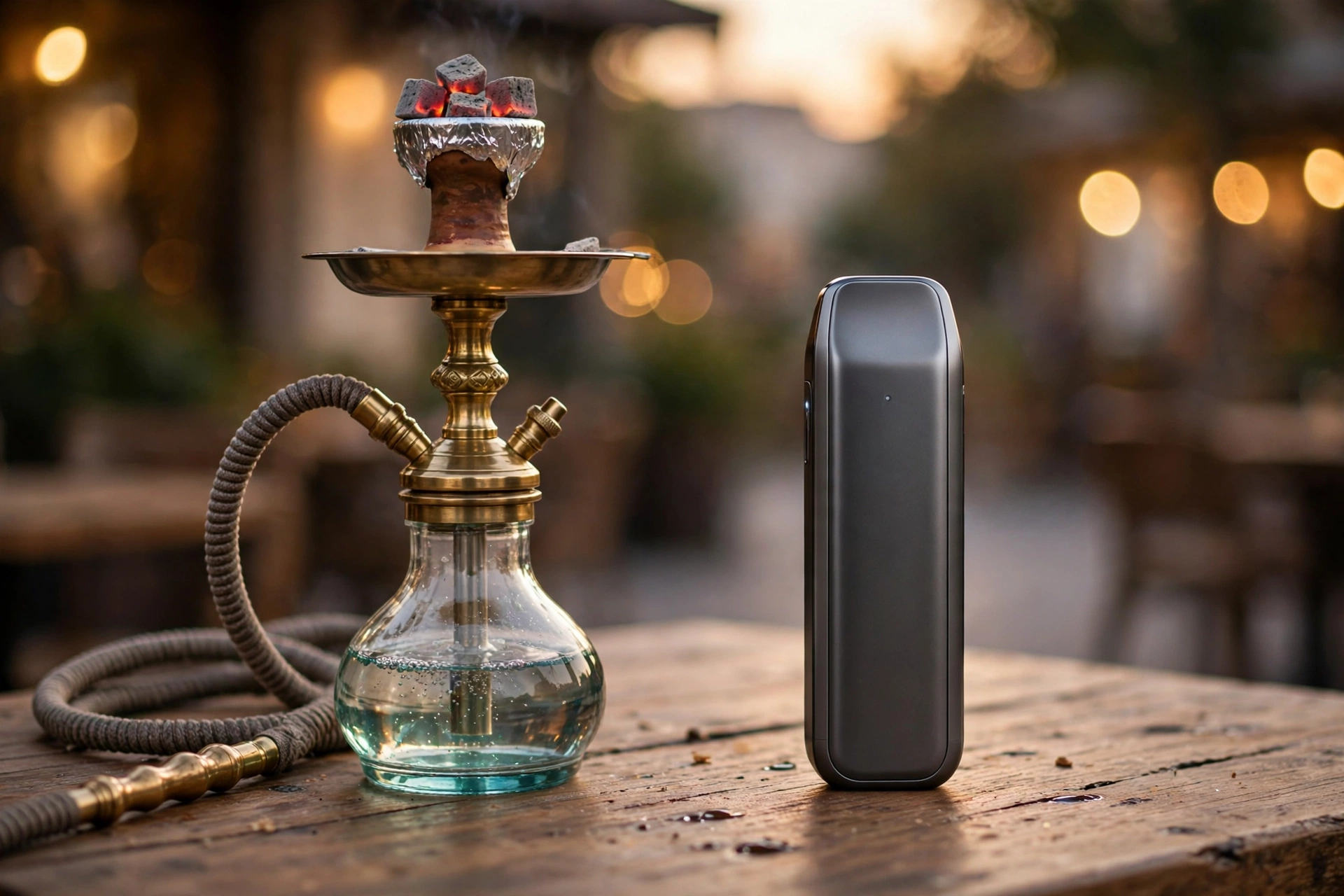 Traditional hookah next to a modern shisha vape on a cafe table in Dubai